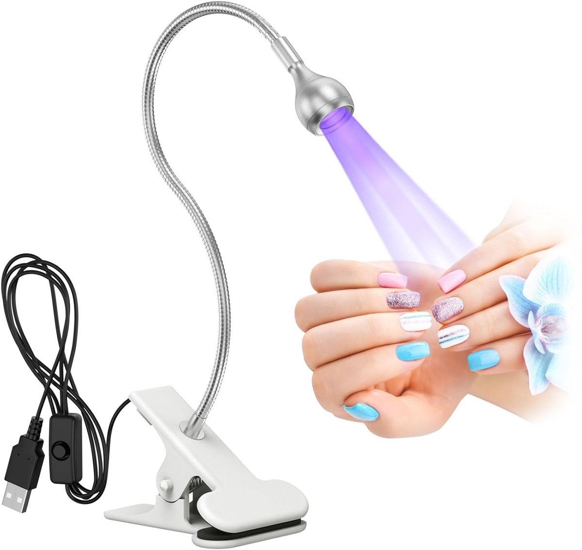 carmdering - UV Nagellampe - UV LED Lamp Voor Gelnagels - Mini UV Droger - 360° Draaibare Zwanenhals - Stevige Montageklem - Aluminiumlegering - Compact En Draagbaar - Veilige USB Voeding Voor Overal - 1 Stuk