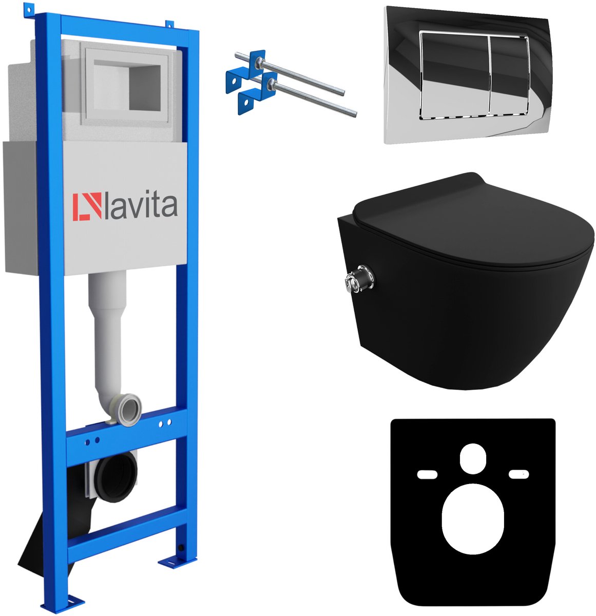 LAVITA® Inbouwreservoir Complete Toiletset LAV 101 - Inbouw WC Hangtoilet Wandcloset SALTO BLACK Zwart Mat - Bedieningsplaat 200.1.2 Chroom - Voorwandelement voor toilet 40cm - Installatiesysteem
