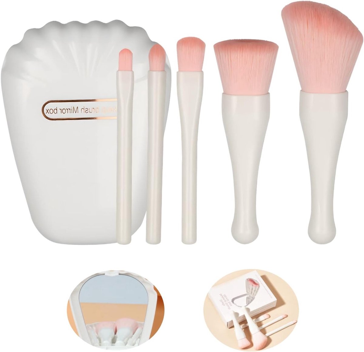 Praktische Make-up Kwasten Set met 5 Essentiële Kwasten, Beauty Tools en 5-in-1 Spiegel voor Gemakkelijk Gebruik tijdens Reizen