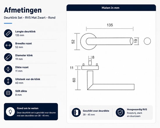 Slotman Solutions Deurklink Set RVS Geborsteld Rond Rozet WC63/8 | Toiletgarnituur met WC-/Badkamersluiting | RVS Deurbeslag voor Toilet en Badkamer | Inclusief Bevestigingsmateriaal