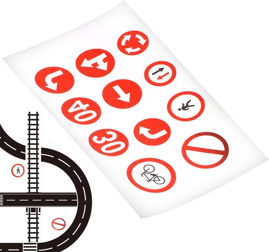 Feuille d'autocollants de panneaux de signalisation: rond-point, double sens, flèche vers la droite, demi-tour, piéton, flèches vers le bas, 40, 30, flèche vers la droite, vélo et interdiction d'entrer.