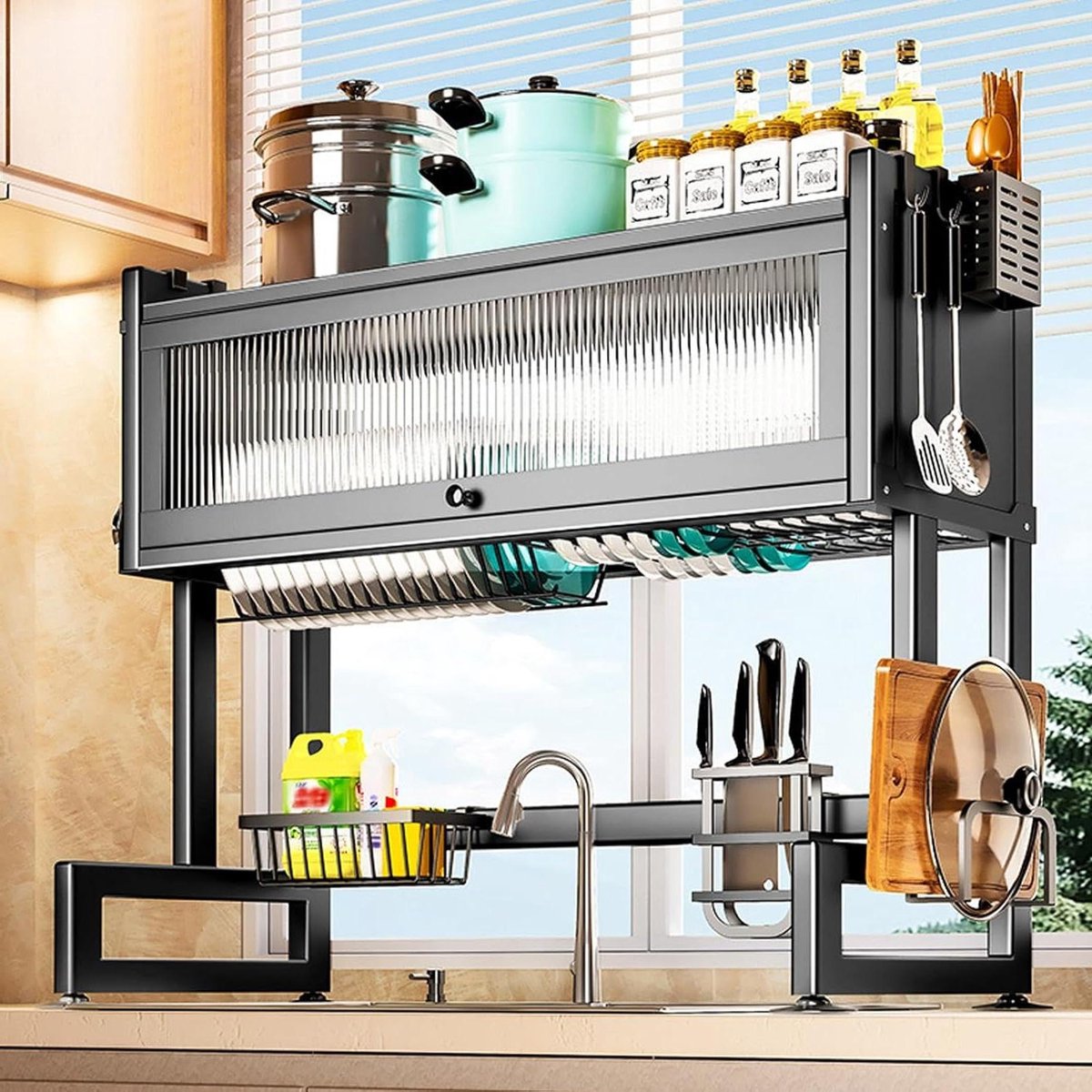 Keuken organizer - Afdruiprek houder - Keuken opbergen - Stofdichte deur - 105cm - Zwart