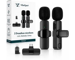 VibeXpert Draadloze Microfoon 2 Stuks - Dasspeld Microfoon - Geschikt voor USB-C & Apple Lightning - Lavalier Microfoon - Plug & Play - Voor iPhone, Android, Vloggen, Interview & Podcast