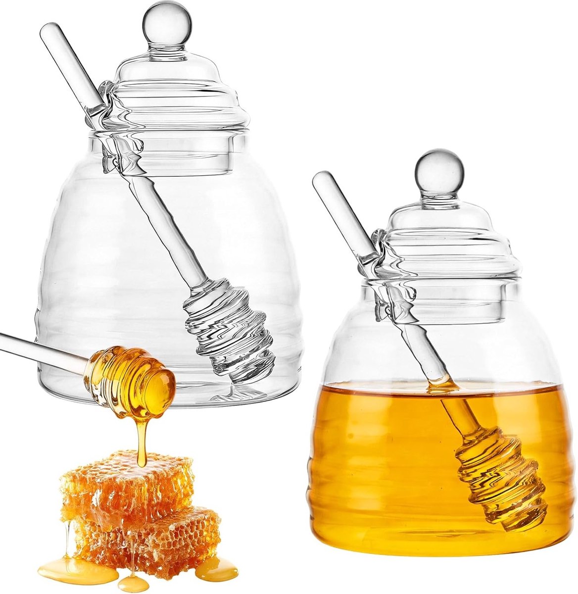 Honingglas met lepel en deksel - Set van 2 glazen van 300 ml voor honing, jam en siroop