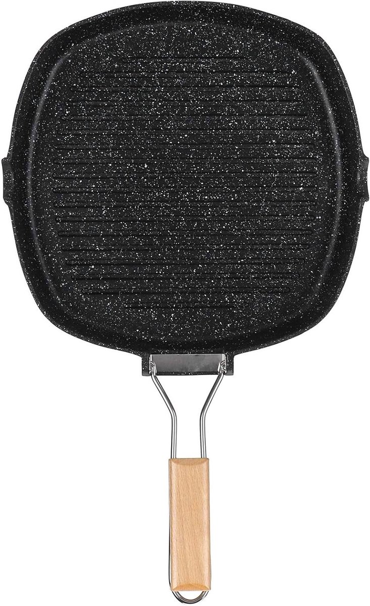Koekenpan Antiaanbaklaag - Steakpan BBQ pan - Koken en bakken - Opvouwbaar handvat - 28CM - Zwart