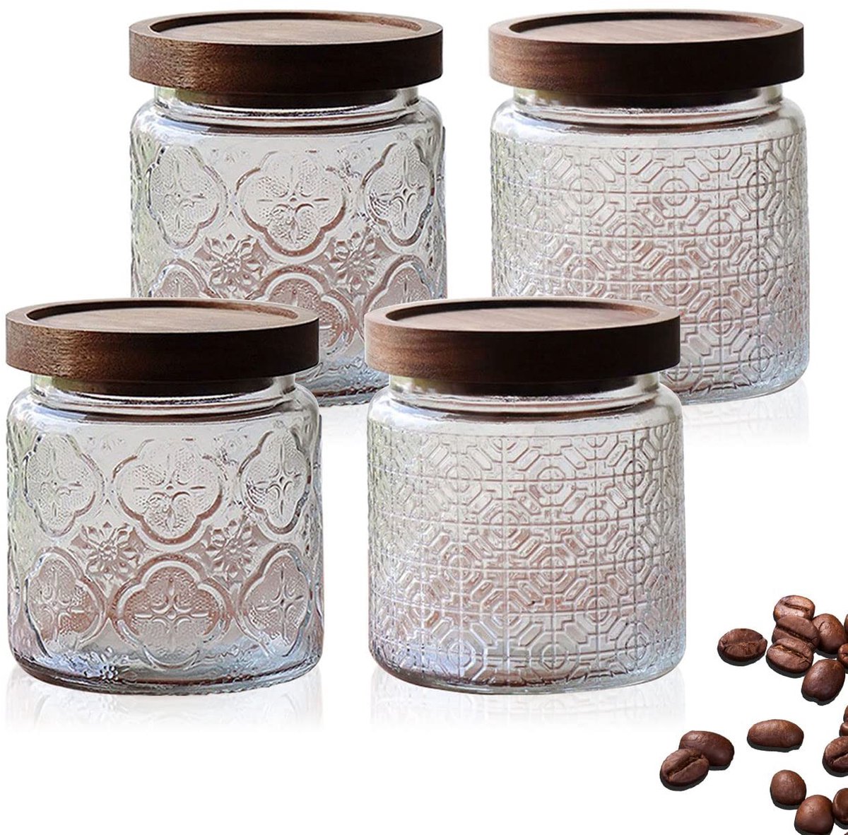Dailygoods - Dailygoody - Vintage Glazen Bewaarpotten - 4-delige set - Perfect voor koffie en specerijen - 450ml - Decoratieve opslag - Ideaal voor thee en suiker ...