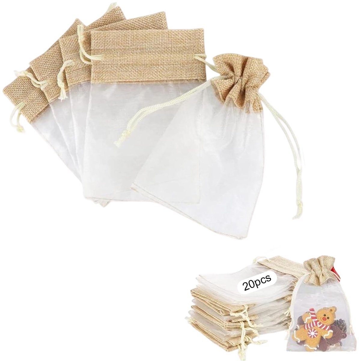 Dailygoods - Dailygoody - Organzazakjes - Jute Zakjes - Handige Trekkoord Opbergzakken - 20 Stuks - Cadeauzakjes - Geschikt voor Bruiloft en Feestjes