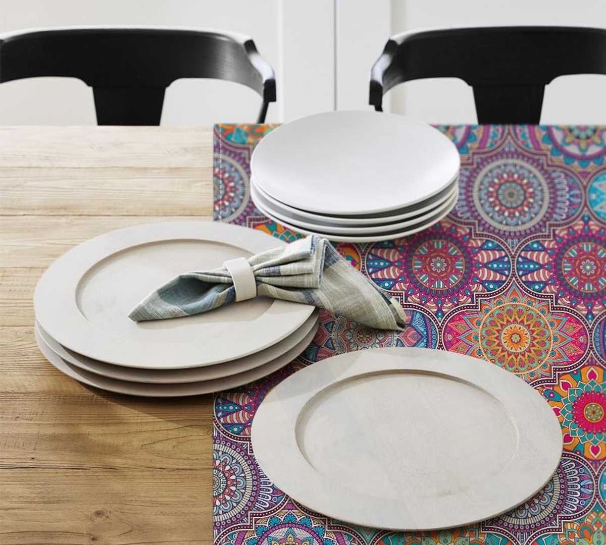 Dailygoods - Dailygoody - Boho Vintage Geometrische Tafelkleed - Unieke Rustieke Look - 100 x 100 cm - Polyester - Perfect voor Eettafel - Lila