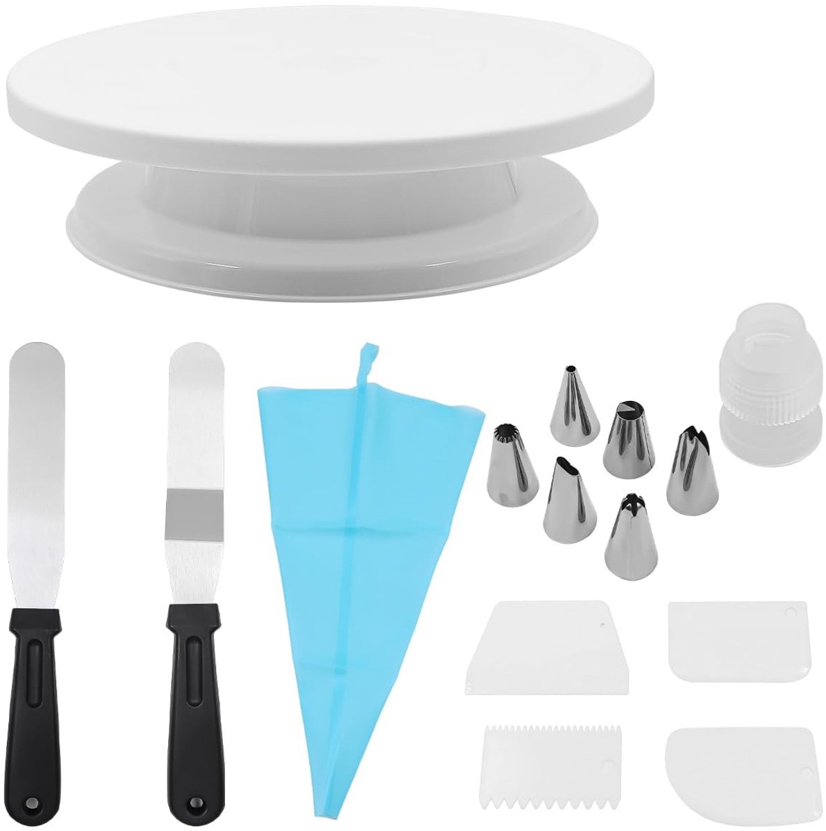 Dailygoods - Dailygoody - Cake Decoreren - Taart Decoratie Kit - Inclusief Draaitafel - 15 Delige Set - Voor Beginners - Bakaccessoires - Wit