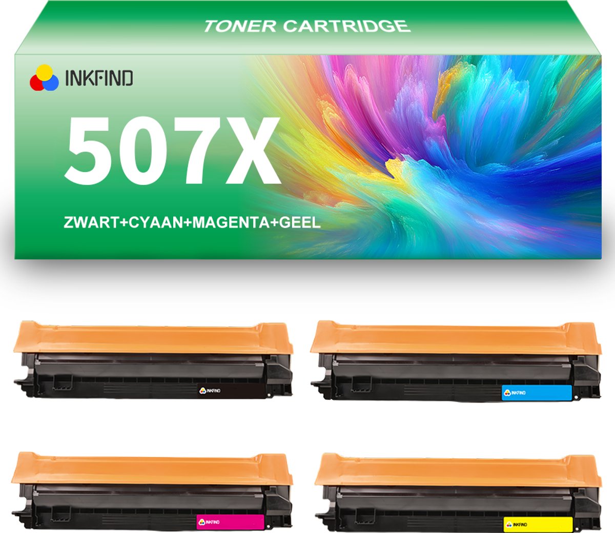 INKFIND 507A (CE400X-CE401A-CE403A-CE402A) tonercartridge multipack van 4 stuks (Zwart+Cyaan+Magenta+Geel) compatibel met HP 507X 507A (CE400X/CE400A-CE401A-CE403A-CE402A) voor HP LaserJet Enterprise 500 Color M551dn, M551n, M551xh 4-pack BK/C/M/Y