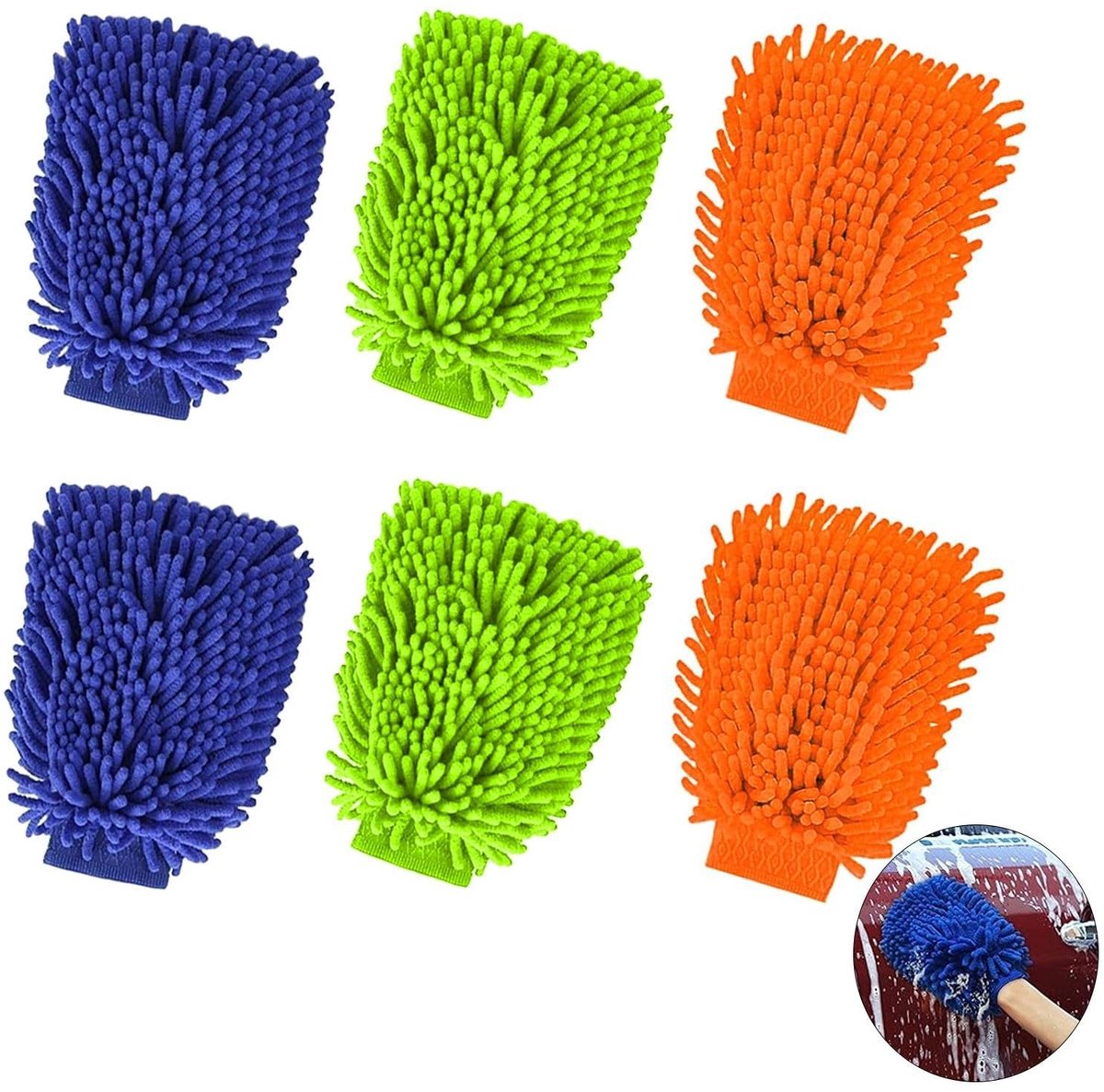 Dailygoods - Dailygoody - Washandschoenen - Microvezel autoreinigingshandschoenen - Super absorberend - Blauw, groen, oranje - Geschikt voor autoreiniging - 6 stuk