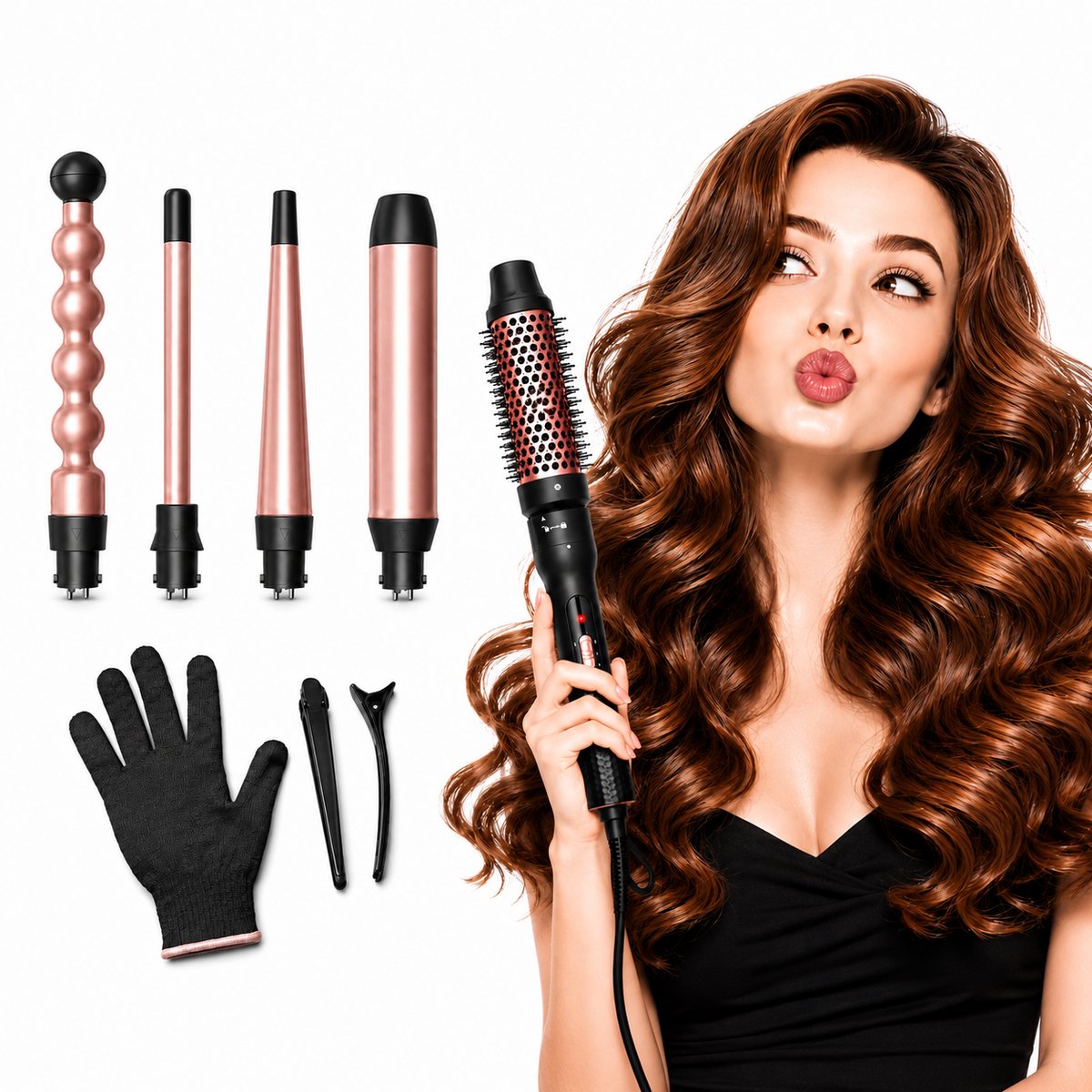 BOTC Krultang met opzetstukken - 5 in 1 - Airstyler - Multistyler - Krulborstel - Keramische Haarkruller - Rosé goud