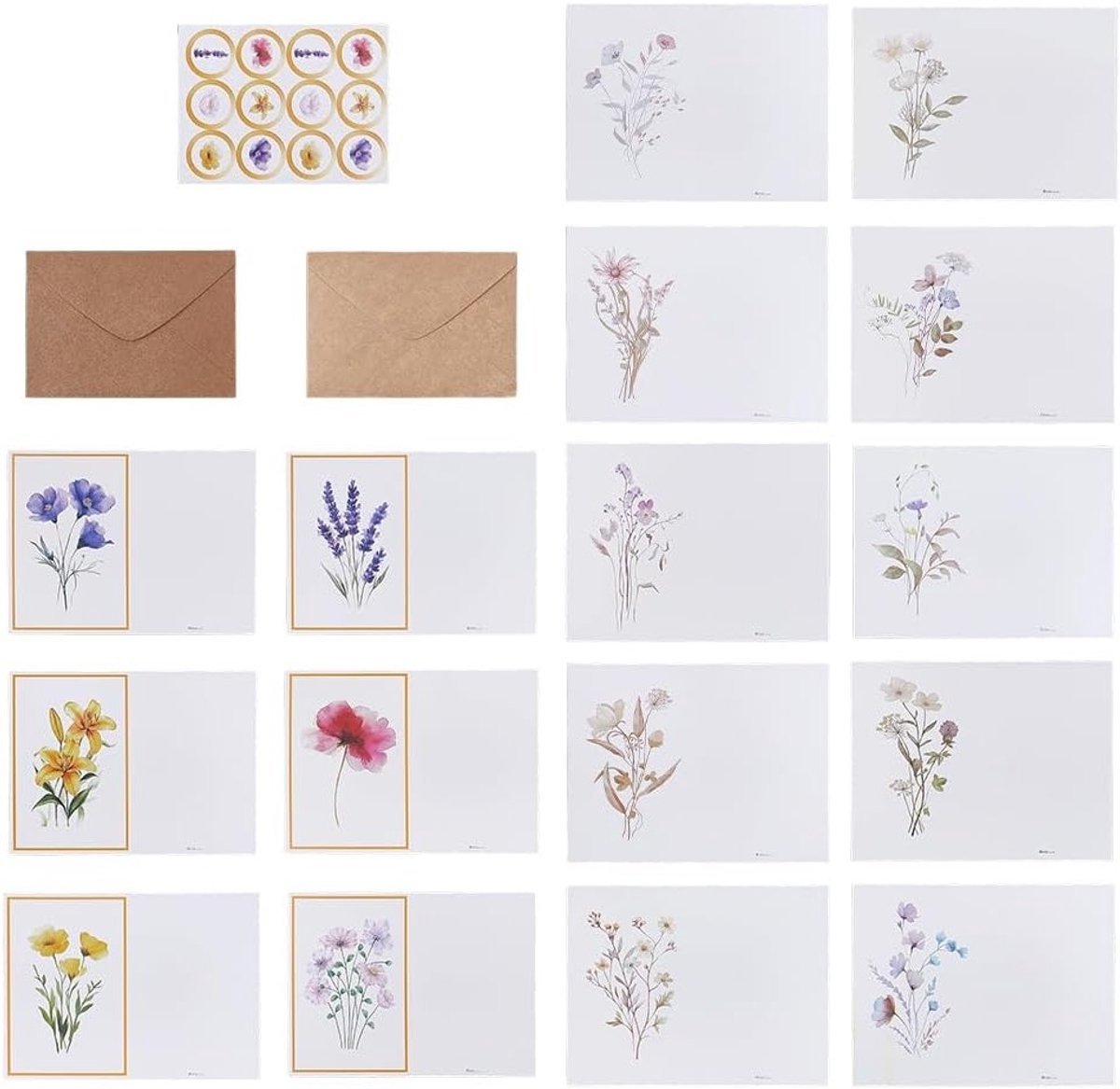 22 Sets Elegante Bloemen Notitiekaarten met Enveloppen & Stickers voor Verjaardag, Bruiloft en Afstuderen - Luxe Briefpapier Set met Gouden Rand
