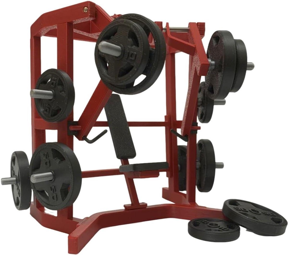 Mini Bankdrukrek Model - Fitness Speelgoed - Bureau Decoratie - Interactieve Gewichtsschijven - 14 cm Breed - Rood Zwart