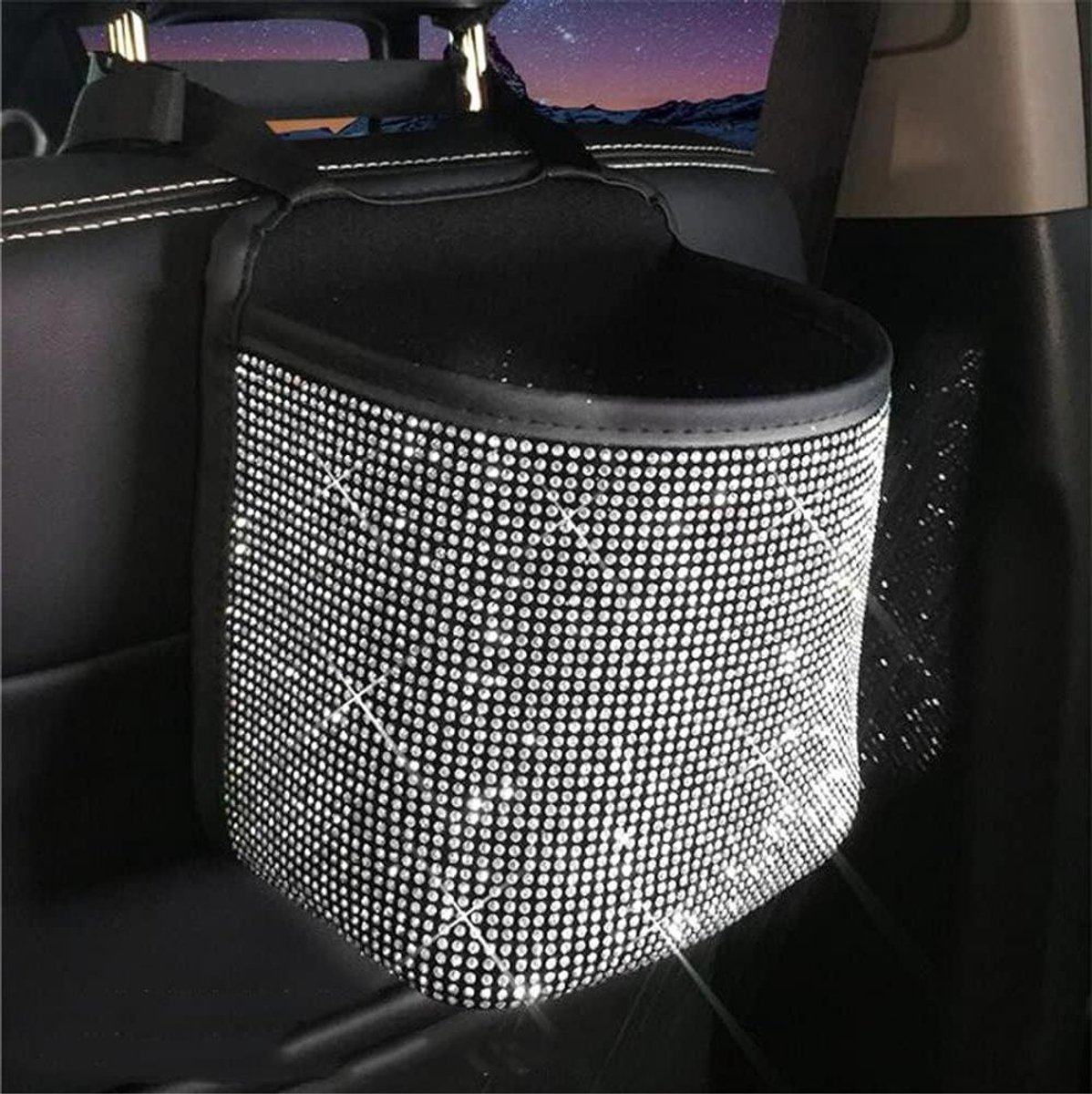 Auto Handtas Houder - Opbergtas Auto - Auto Interieur - Luxe Strass Design - 21x18x18 cm - Wit