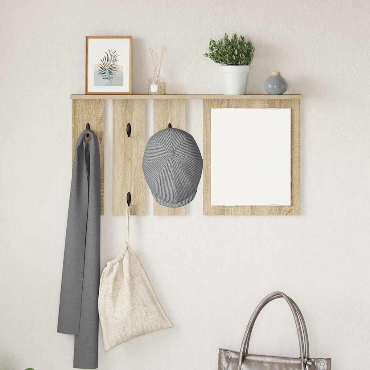 Wandplank met haken - Opbergrek hal - Entree organiseren - Geïntegreerde spiegel - 85 x 10