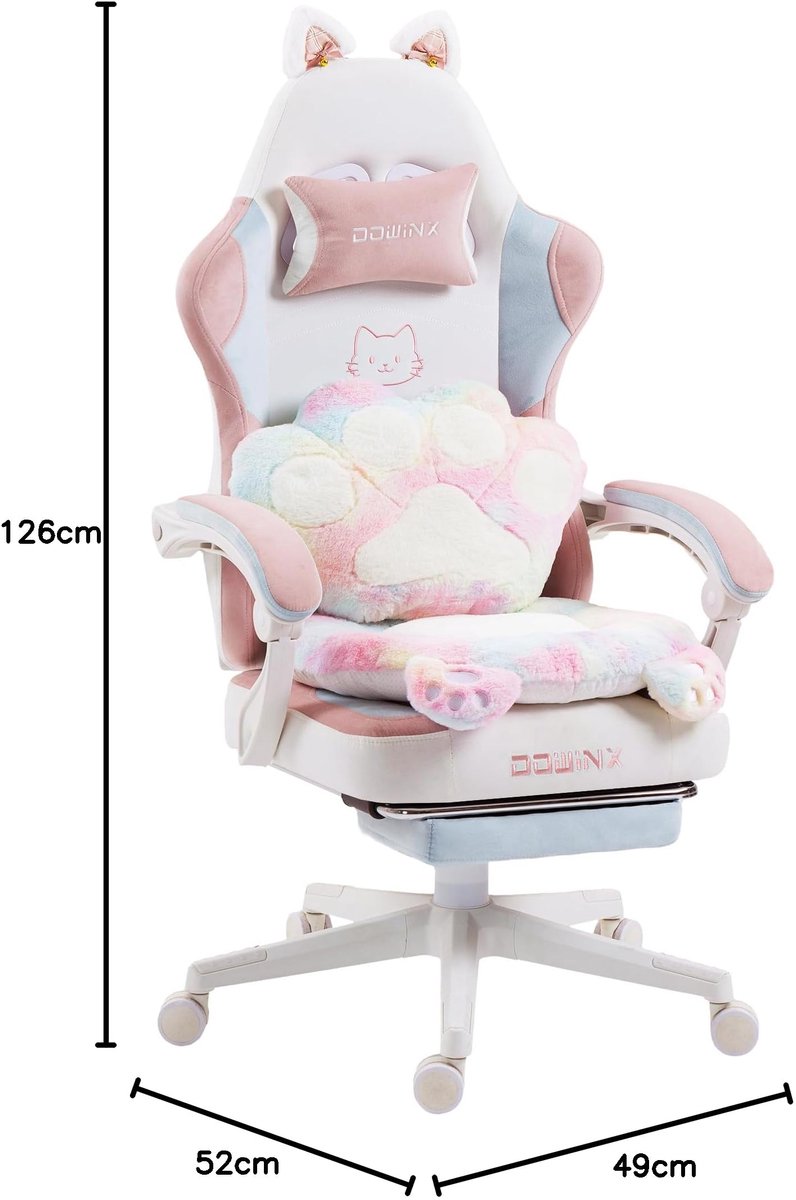 DowinxGaming Stoel Ergonomisch met Voetsteun – Vleugelloze Zit – Verstelbare Rugleuning – Zachte Stof – Multicolor-wit – Voor Gaming, Werk en Studie – Middelgroot – foto 6