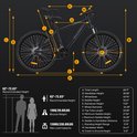 Technische tekening van een zwarte fiets met afmetingen en specificaties zoals gewicht en aanbevolen lengte.