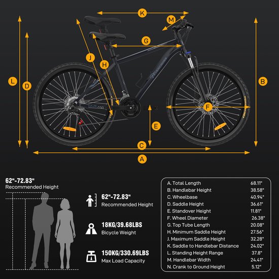 Technische tekening van een zwarte fiets met afmetingen en specificaties zoals gewicht en aanbevolen lengte.