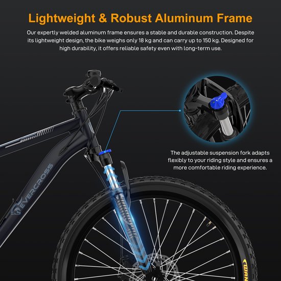 Close-up van de voorvork van een zwarte fiets, met tekst over het lichtgewicht aluminium frame en de verstelbare voorvork.