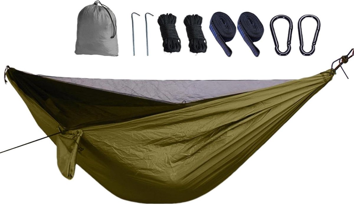 Hangmat met gaas - Reishangmat kamperen - Buiten ontspannen - Sterke draagkracht - 270 x 140 cm - Kaki