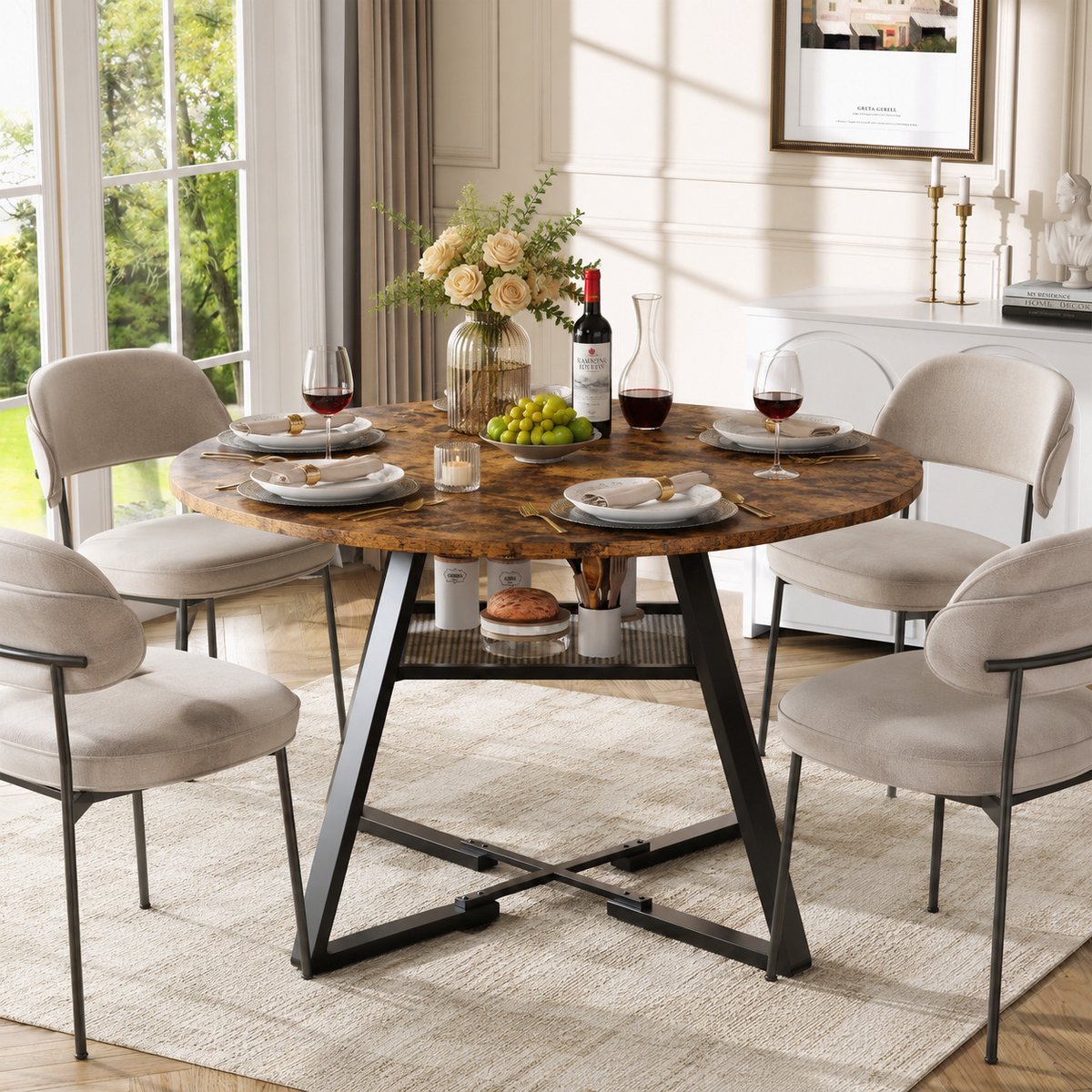 Eettafel Rond - 120cm Ronde Tafel - voor 4 personen - Keukentafel - Industrieel design - met Metalen Onderstel - Houten Eettafel - voor Eetkamer, Keuken, Woonkamer - Bruin