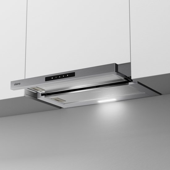 Onderbouw afzuigkap van geborsteld metaal met touchbediening en LED-verlichting.