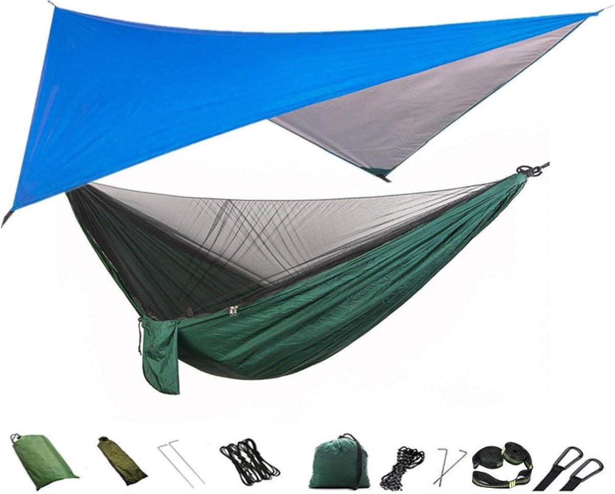 Camping Hangmat - Reishangmat - Ontspannen Buiten - Met Geïntegreerd Net - 290x140cm - Blauw Groen