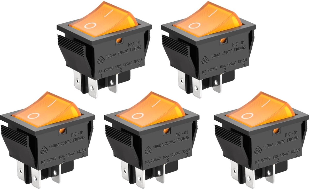 Innovra - Dailygoods - Dailygoody - Tuimelschakelaar - AAN-UIT - 4 Terminals - Geel Licht - 16A 250VAC - 5Pack - Geschikt voor Elektrische Toepassingen