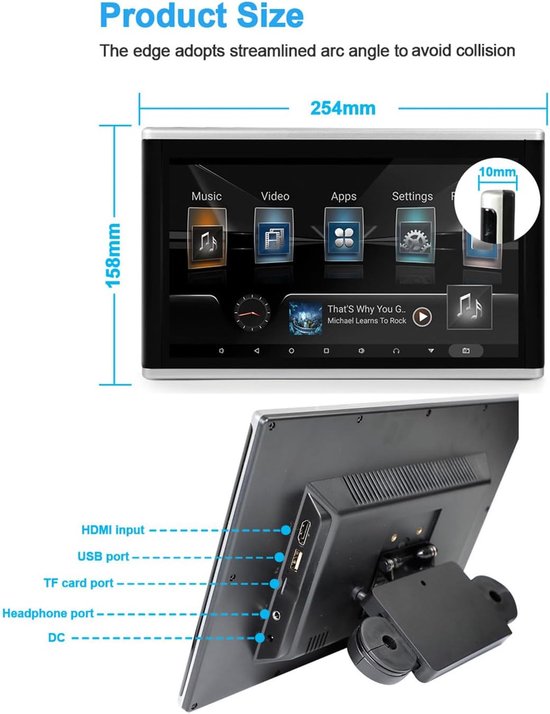 Hoofdsteun Video Speler - Achterbank Monitor - Reizen met kinderen - Android 9.0 Systeem - 9 Inch Scherm - Zwart — afbeelding 5