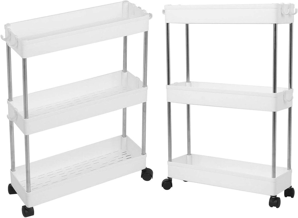 Slanke Opbergwagen - Mobiel Rolrek - Ruimte Besparen - Met Haken - 3 Niveaus - Wit