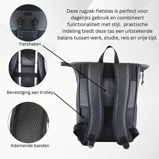 Fana Bags Fietstas en Rugtas in één met Laptopvak Zwart - Werktas/Rugzak van Fana Bags — afbeelding 5