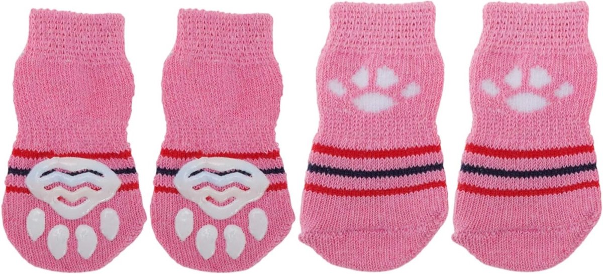 Niet-slip sokken voor honden en katten, binnen sokken voor huisdieren, bescherming van de pootjes en grip, 1 set (4 stuks), roosrood, middelgroot