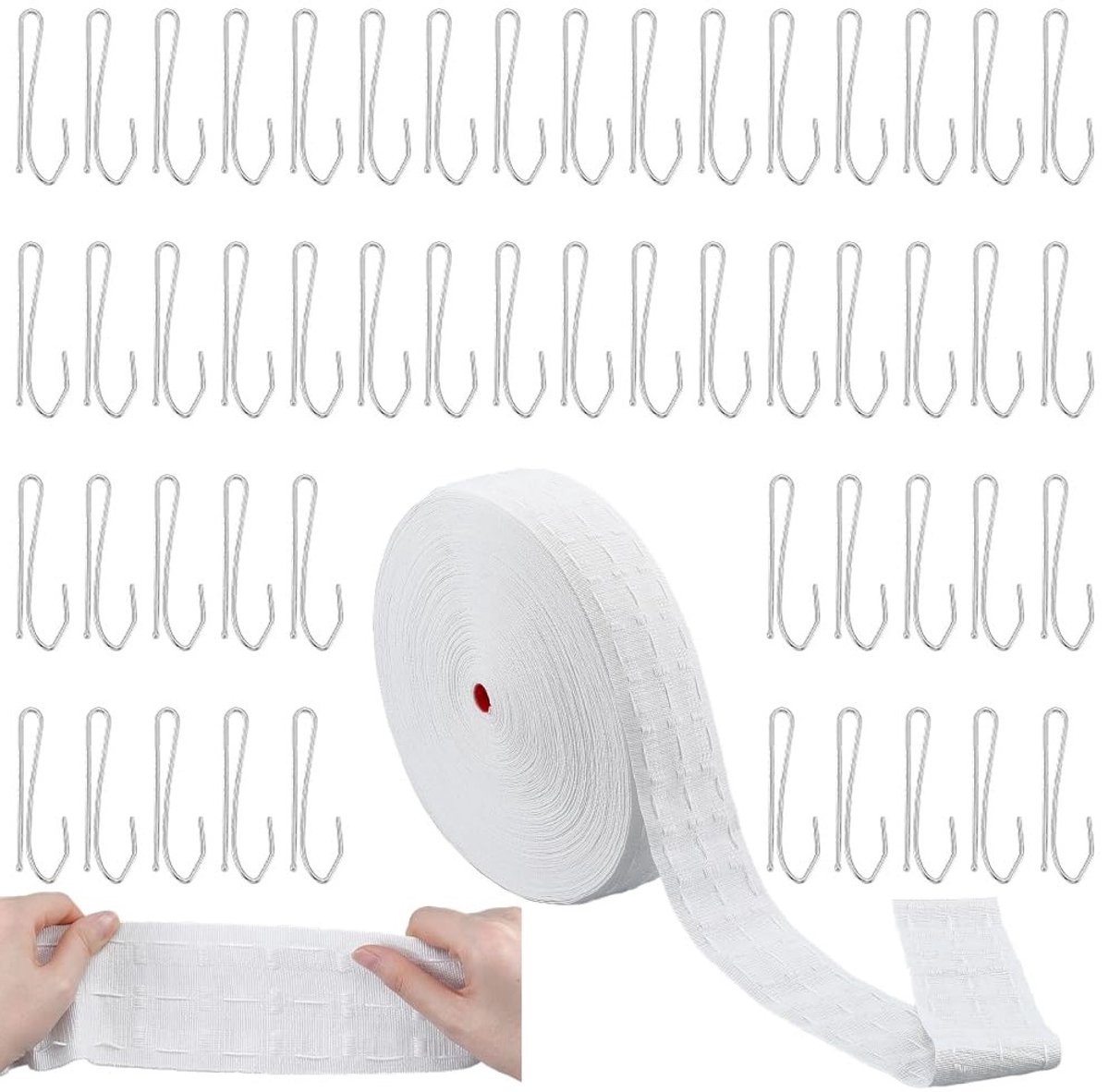 Gordijnband 10 m wit 7,5 cm met 50 ijzeren haken voor gordijnen en vouwmachine, ideaal voo