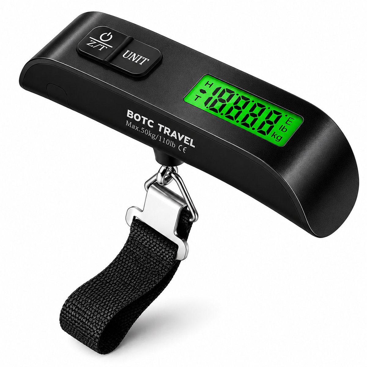 BOTC Digitale kofferweegschaal - Bagageweegschaal tot 50KG met Weeghaak & Thermometer - AEB00105 - Zwart