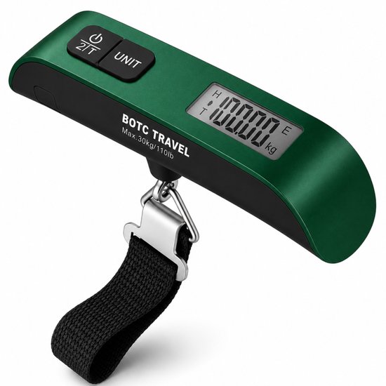 Groene BOTC TRAVEL bagageweegschaal met zwarte band en zilverkleurige haak.