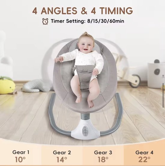 Elektrisch Babyschommelwieg - Wipstoel - Schommelstoel - Voor Pasgeborenen en Peuters - Draagbare Wieg met Bluetooth Muziek, Afstandsbediening en 4 Snelheidsinstellingen - Grijs - 3 punts Veiligheidsgordel — afbeelding 3