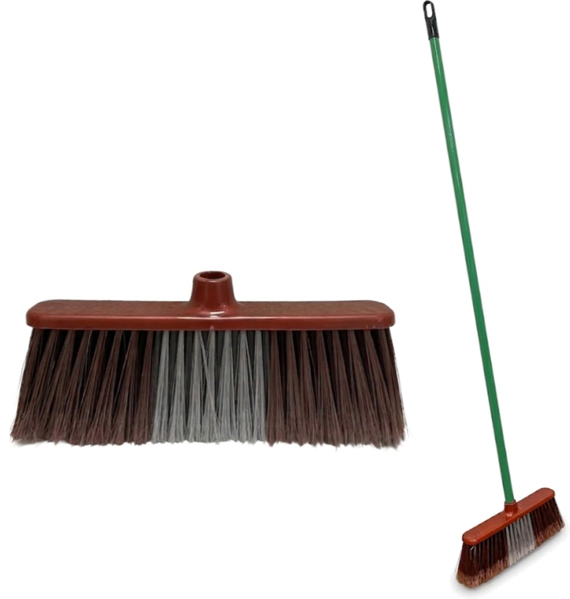 Clean Bezem met Steel - 132x28 cm - Binnenbezem - Voor Parket & Laminaat - Kamerveger - Zaalveger - Zachte Bezem - Straatbezem - Binnen Bezem - Ergonomische Huishoudbezem - Krasvrije Veger voor Gladde Vloeren - Fijnhaar Zachte Borstel - Rood/Groen