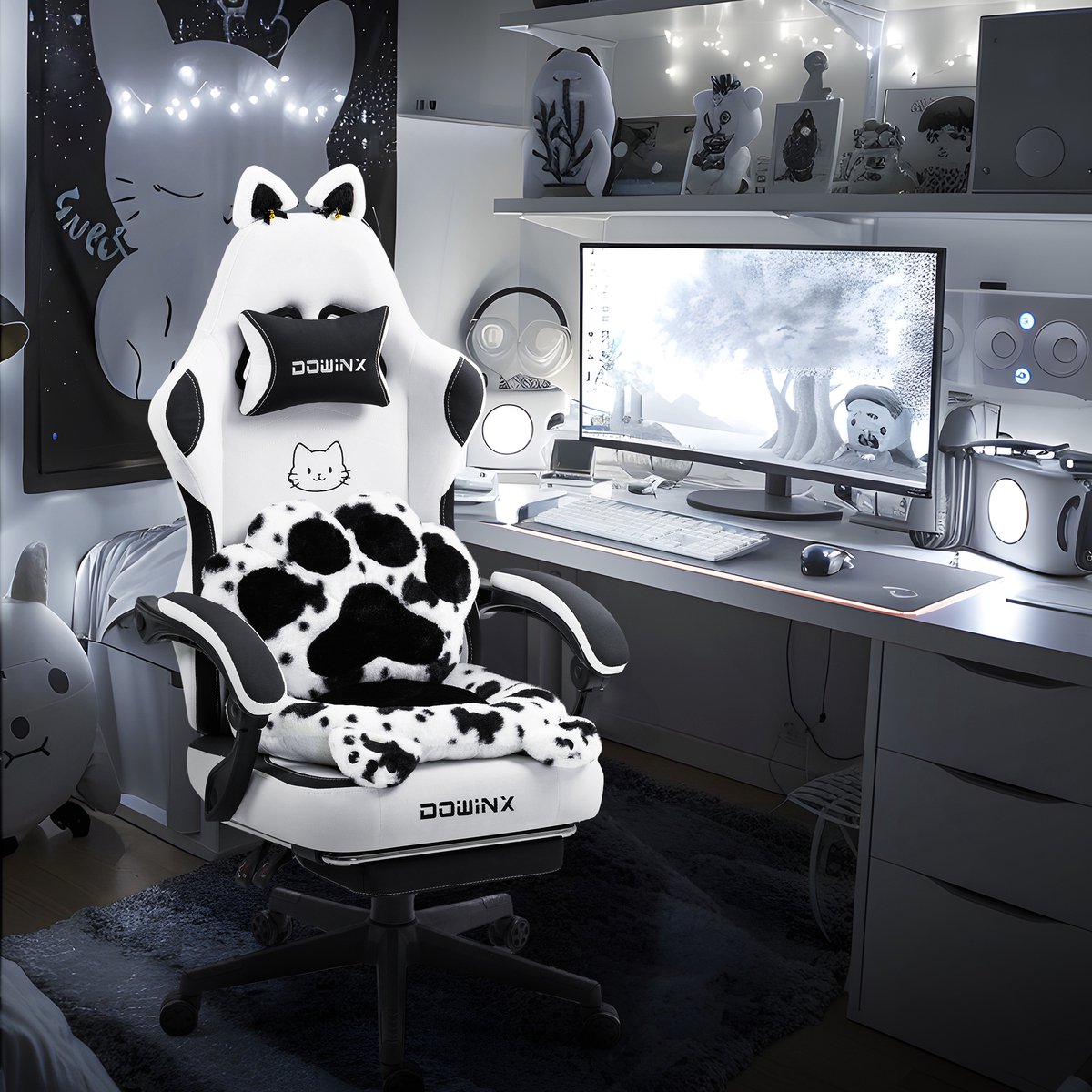 Gaming Stoel Ergonomisch met Voetsteun – Vleugelloze Zit – Verstelbare Rugleuning – Zachte Stof – Zwartwit – Voor Gaming, Werk en Studie – Middelgroot – 1 Stuk – foto 4