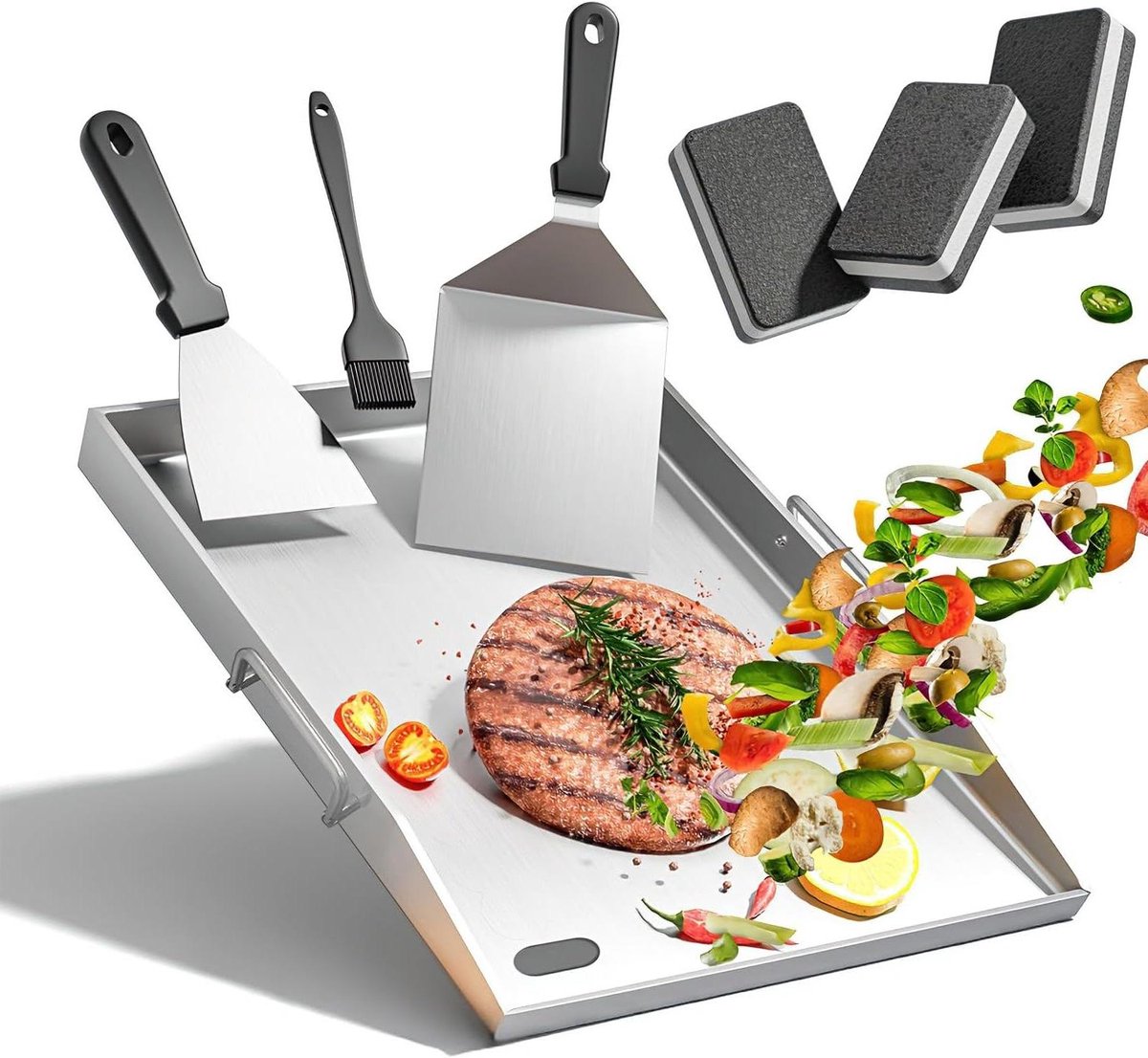 Grillplaat Set - Bakplaat Plancha - Buiten Koken - Olieafvoer Goot - 40 x 30 cm - Zilver