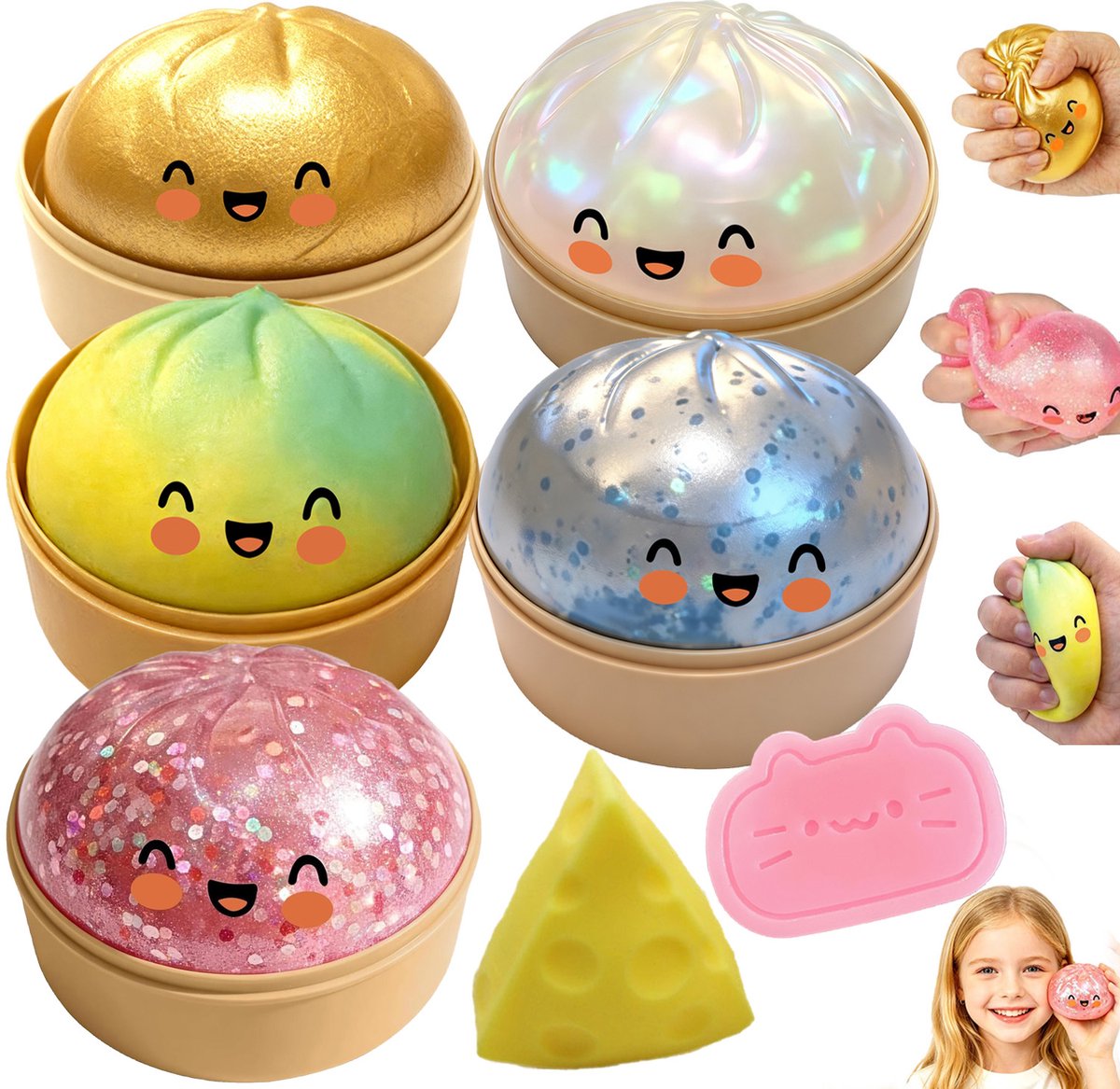 Dumpling squishy Kaas stressballen 7 Stuks - Glitter Dumpling stress fidget - Sensorische stressbal knijpspeelgoed - Stressverlichtende cadeaus voor kinderen en volwassenen