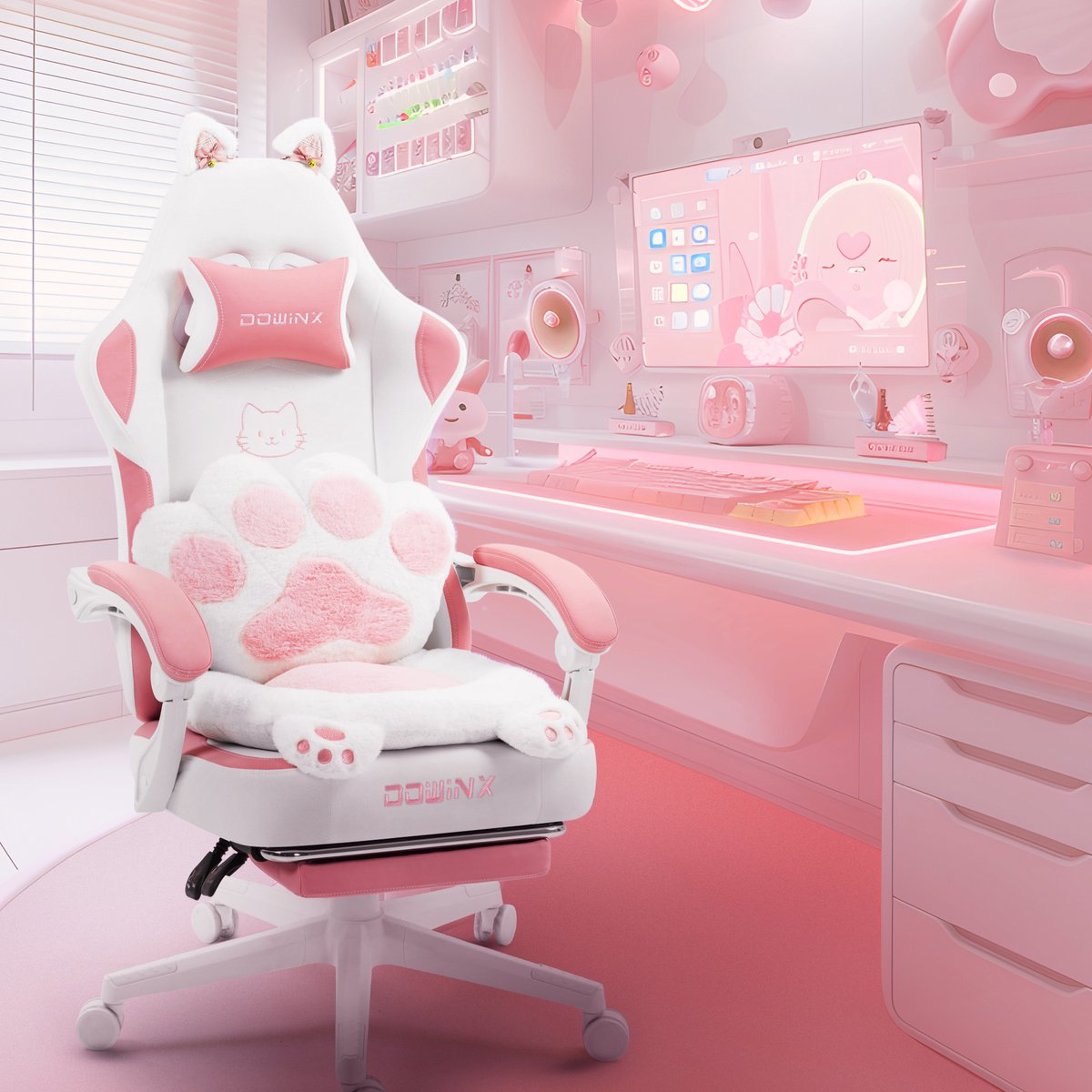 Dowinx Ergonomische Bureaustoel / Gamingstoel – Pocketveren Zitkussen – Dubbel gevoerde Rugleuning & Verstelbaar Lendenkussen – Zachte Stof - Roze-wit – foto 4