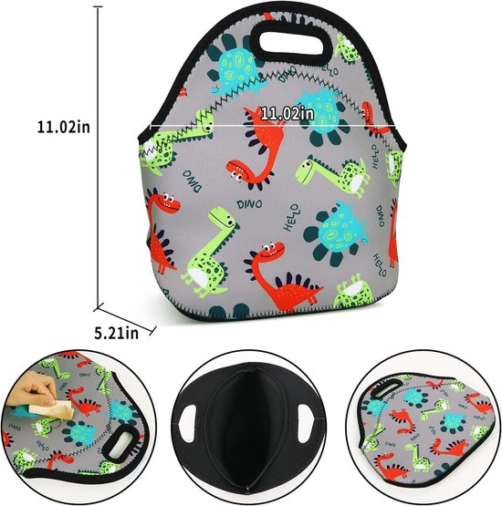 Dinosaurus Lunchtas - Isolerende Tas - Maaltijd Meenemen - Waterdicht Neopreen - 29 x 14 x 28 cm - Grijs — afbeelding 5