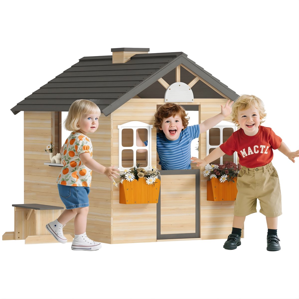 Houten Kinder Speelhuis – Speelhuisje met Raam en Brievenbus – Buitenspeelhuis voor Kinderen – Natuurlijke Houtkleur