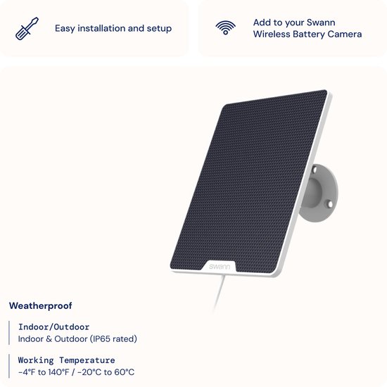 Swann Solar Pannel - Compatibel met Swann Beveiligingscamera's - Continue Stroomvoorziening - IP65 Weerbestendig voor Buitensurveillance en Cameralading - USB‑C & Micro‑USB van Merkloos — afbeelding 3