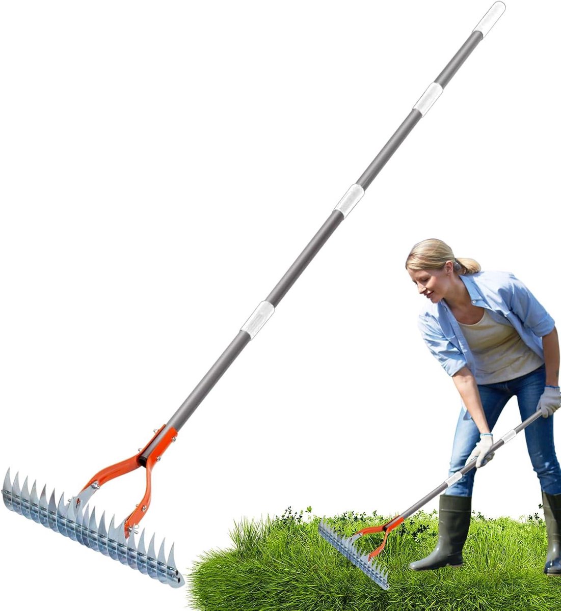 Tuinhark - Metaal Rieten Hark - Gazon Onderhoud - Verstelbare Lange Handgreep - 178 cm - Zilver