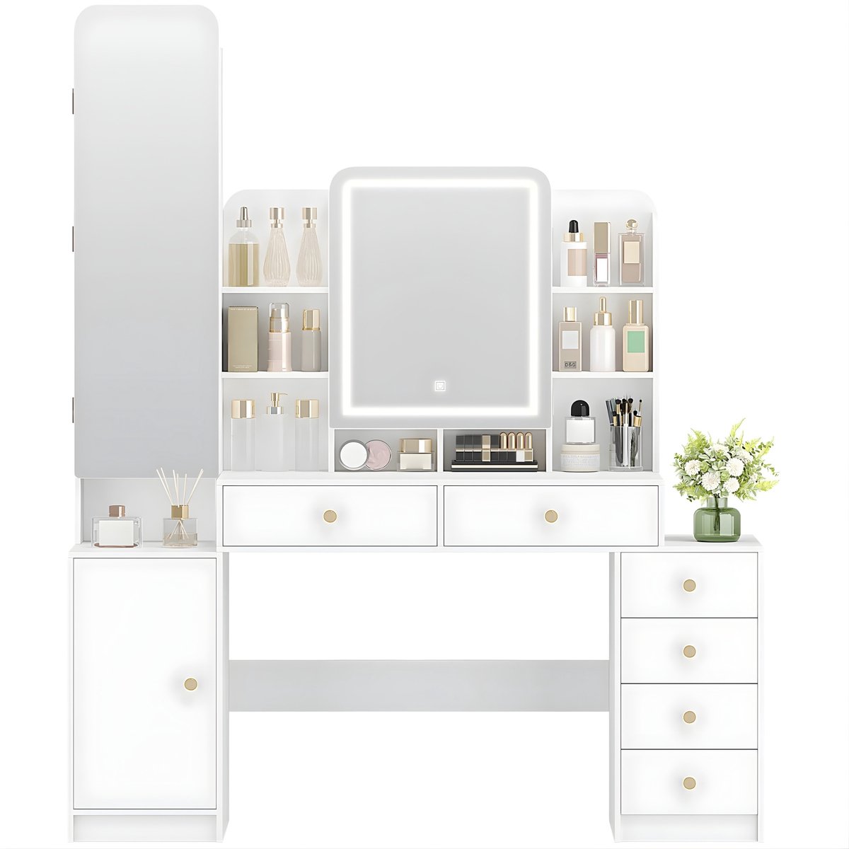 Happiq Kaptafel – Voor Slaapkamer & Dressing – Met Spiegel, LED-Verlichting, Sieradenvak, 8 Open Vakken, 6 Lades en 1 Extra Vak – Wit White