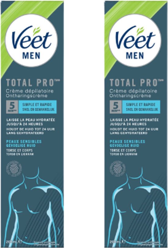 Twee tubes Veet Men Total Pro crème, voor lichaamsbeharing. Met afbeelding van gespierd bovenlichaam.