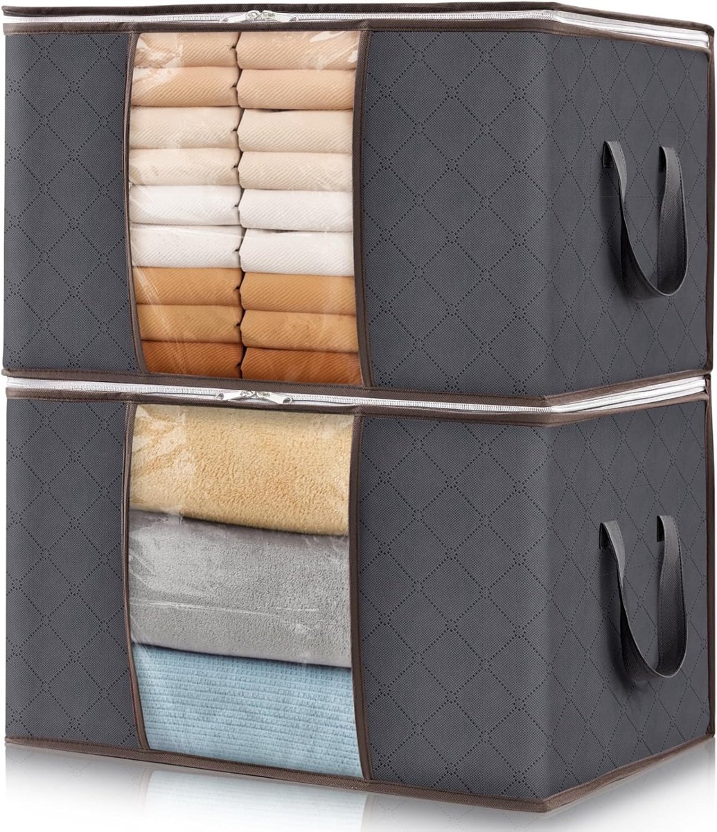 OLOEY Opbergtas Kleding-Opvouwbare Opbergbox-Grote Verhuisdozen Opbergdoos met Deksel voor Dekens Speelgoed Textiel-Grijs-60 L-Set van 2