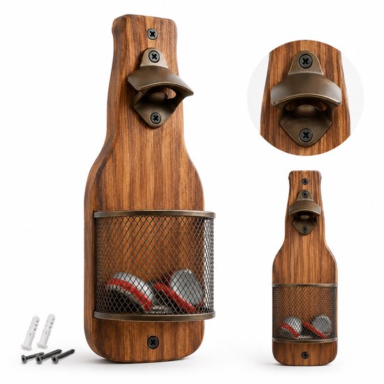 Houten flesopener met metalen dopvanger, bevat bierdoppen.
